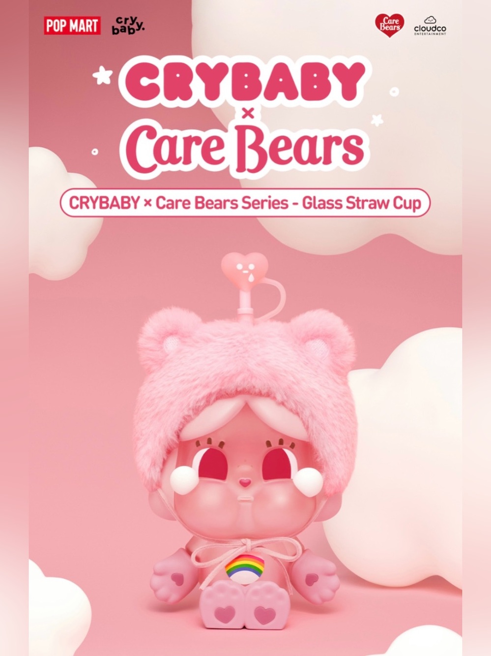 Crybaby x Care Bears Pink Plush-Top Glass Straw Cup by Pop Mart
